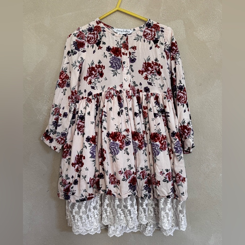 Chasing Fireflies Floral Kids Dress with Lace and embroidered Hem